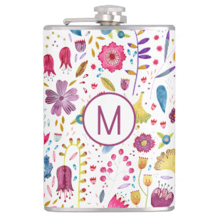 Modern Floral Watercolor Monogram Flask
