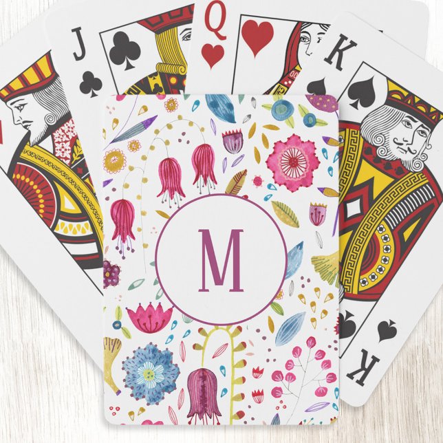 Modern Floral Watercolor Monogram Poker Cards (Modern personalized monogram initial watercolor floral botanical art playing cards)