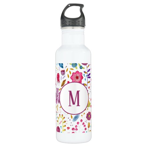 Modern Floral Watercolor Monogram Stainless Steel Water Bottle