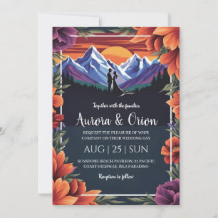 modern floral watercolor mountain wedding invitation