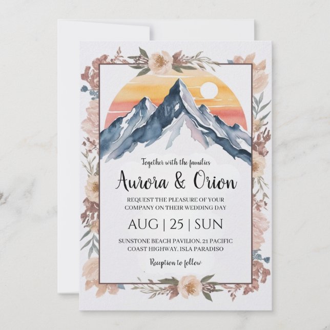 modern floral watercolor mountain wedding invitation (Front)