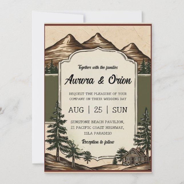 modern floral watercolor mountain wedding invitation (Front)