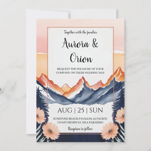 modern floral watercolor mountain wedding invitation (Front)