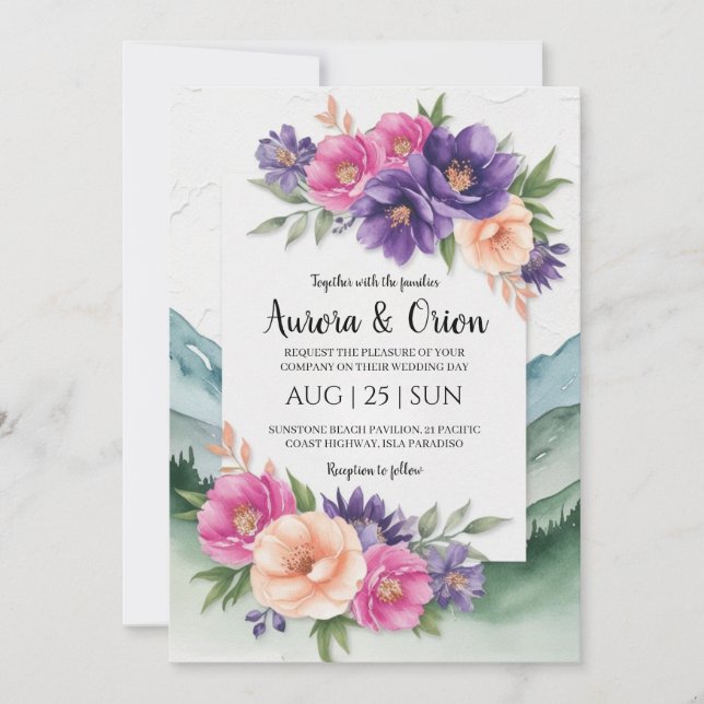 modern floral watercolor mountain wedding invitation (Front)