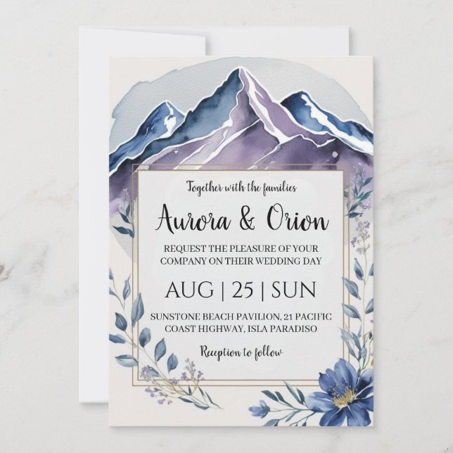 modern floral watercolor mountain wedding invitation (Front)