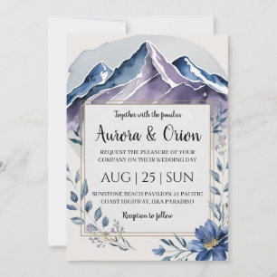 modern floral watercolor mountain wedding invitation