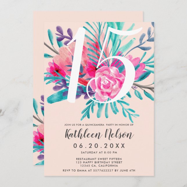 Modern floral watercolor neon pink Quinceanera Invitation (Front/Back)