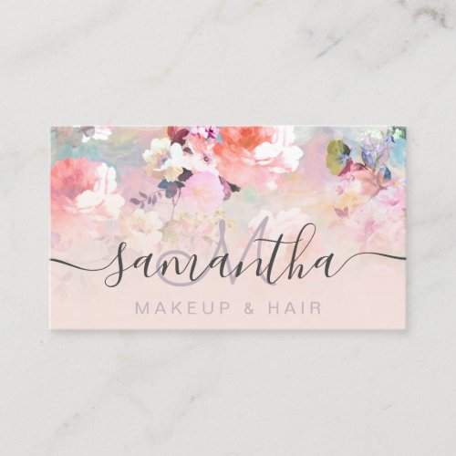 Modern floral watercolor ombre blush makeup hair business card