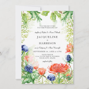 Modern Floral Watercolor Orange Navy Coral Wedding Invitation