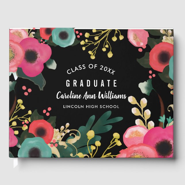 Modern Floral Watercolor Painting Graduation  Guest Book (Front)