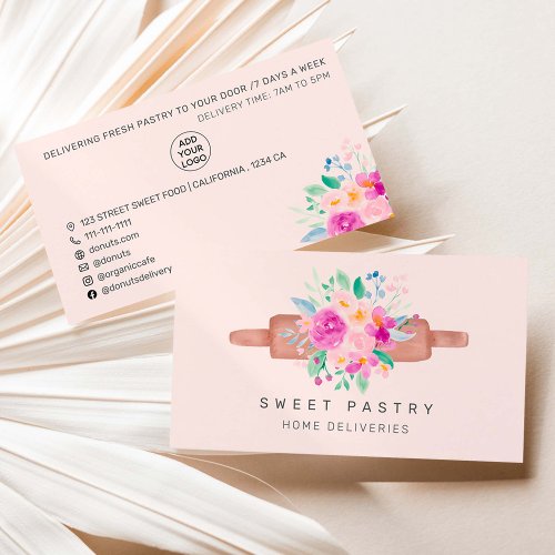 Modern floral watercolor pastry bakery rolling pin business card