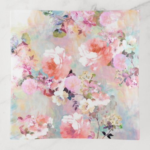 Modern floral watercolor pink blue pastel pattern trinket tray
