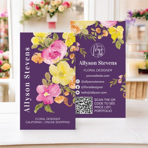 Modern floral watercolor purple plum logo qr code business card