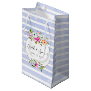 Modern Floral Watercolor Rose Navy Stripe Favor Small Gift Bag
