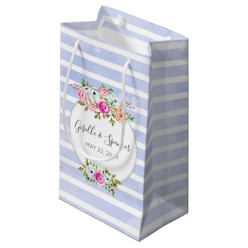 Modern Floral Watercolor Rose Navy Stripe Favor Small Gift Bag
