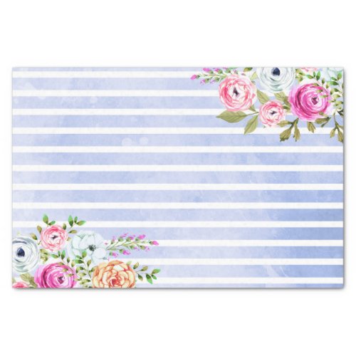 Modern Floral Watercolor Rose Navy Stripe Wedding Tissue Paper