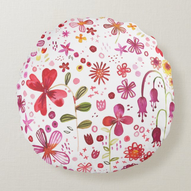 Modern Floral Watercolor Round Pillow (Front)