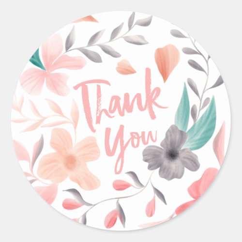 Modern floral watercolor script font thank you classic round sticker