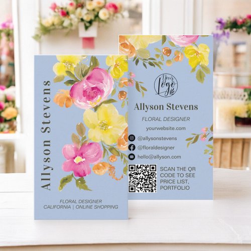 Modern floral watercolor slate blue logo qr code business card