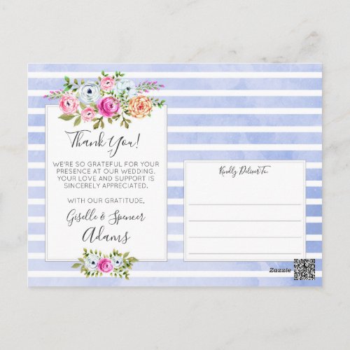 Modern Floral Watercolor Stripe Wedding Thank You Postcard