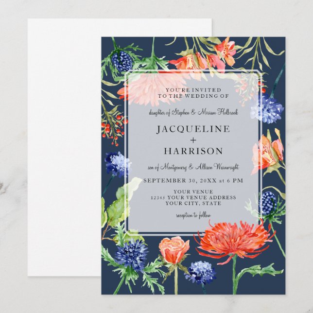 Modern Floral Watercolor Summer Navy Mum Thistle Invitation (Front/Back)