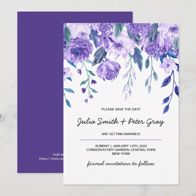 Modern Floral Watercolor Violet Save The Date Invitation (Front/Back)