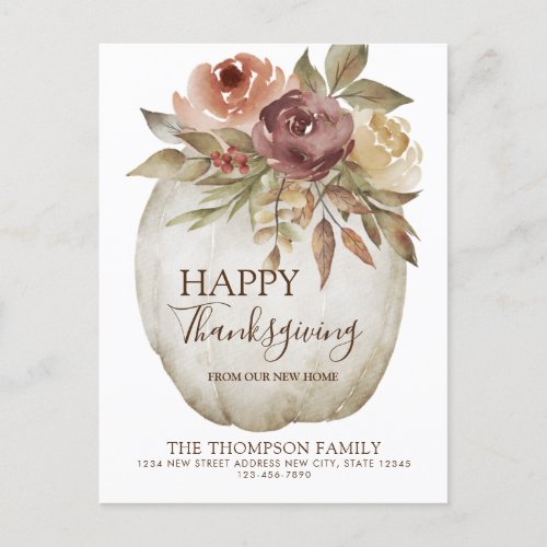 Modern Floral Watercolor White Pumpkin Moving Announcement Postcard