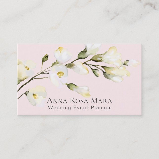 *~* Modern Floral Watercolor White Roses Pink Business Card (Front)