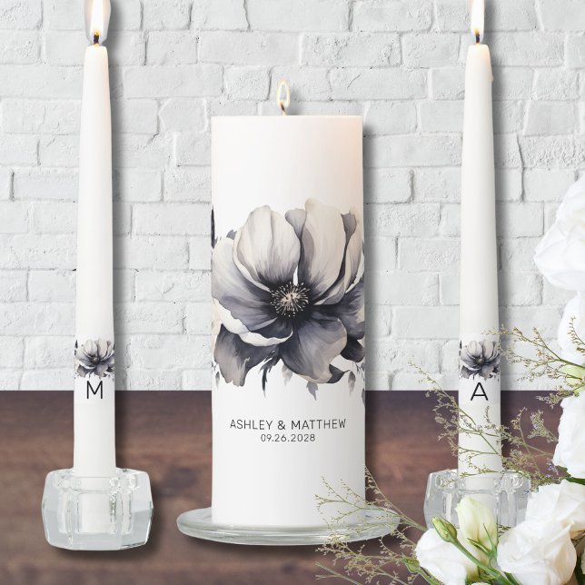 Modern Floral Wedding Ceremony Unity Candle Set (Black Floral Wedding Unity Candle Set)