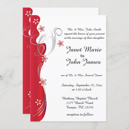 Modern Floral Wedding  Deep Red and Silver Invitation