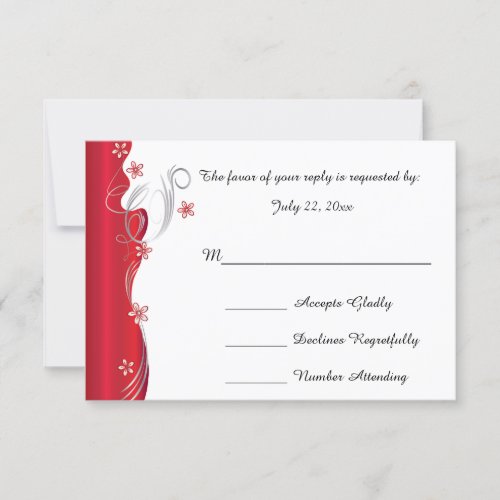 Modern Floral Wedding  Deep Red and Silver RSVP Card