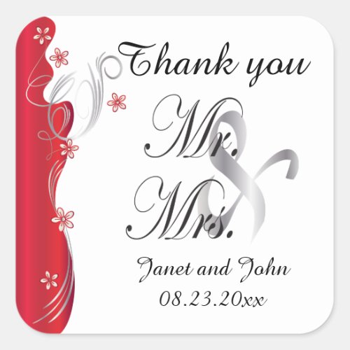 Modern Floral Wedding  Deep Red and Silver Square Sticker