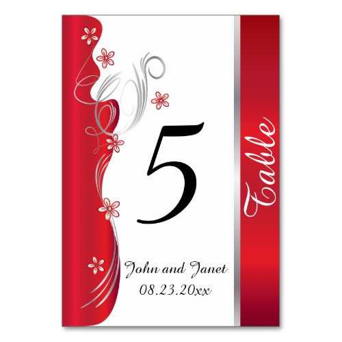 Modern Floral Wedding  Deep Red and Silver Table Number