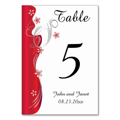 Modern Floral Wedding  Deep Red and Silver Table Number