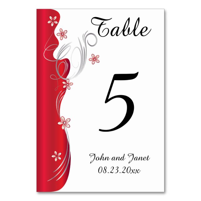 Modern Floral Wedding | Deep Red and Silver Table Number (Front)