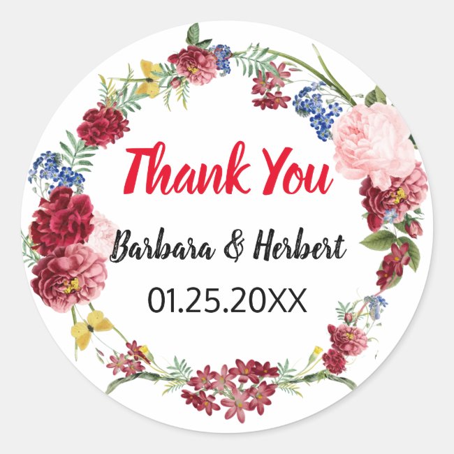 Modern Floral Wedding Favor Thank You Classic Round Sticker