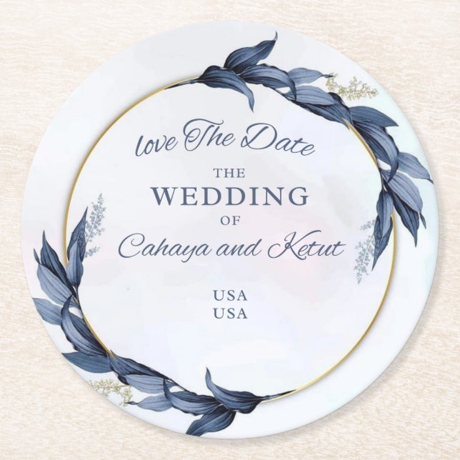 Modern Floral Wedding Invitation – Gold Circle Fra Round Paper Coaster (Front)