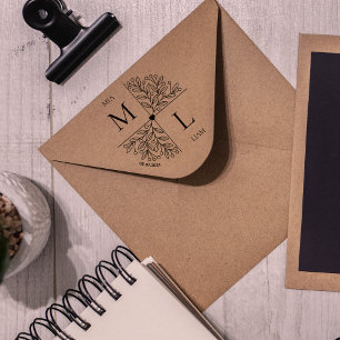 Modern Floral Wedding Monogram Rubber Stamp