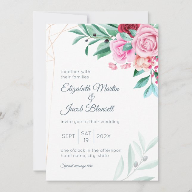 Modern Floral Wedding Pink Roses & Eucalyptus Invitation (Front)