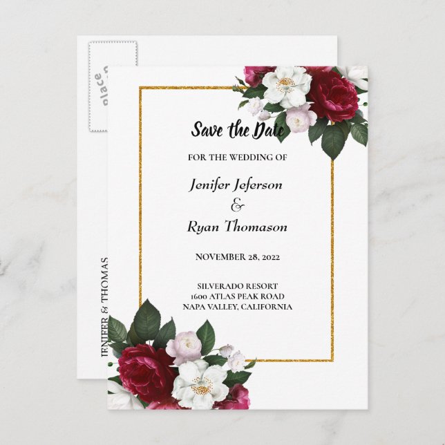 Modern floral wedding save the date postcard (Front/Back)