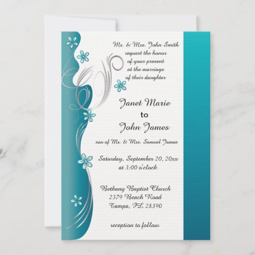 Modern Floral Wedding  Turquoise and Silver Invitation