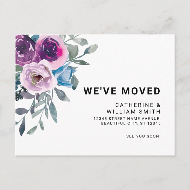 Modern Floral We've Moved Blush Pink Purple Moving Announcement Postcard (Front)