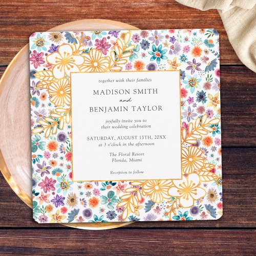 Modern Floral White Gold Wildflower Wedding Invitation