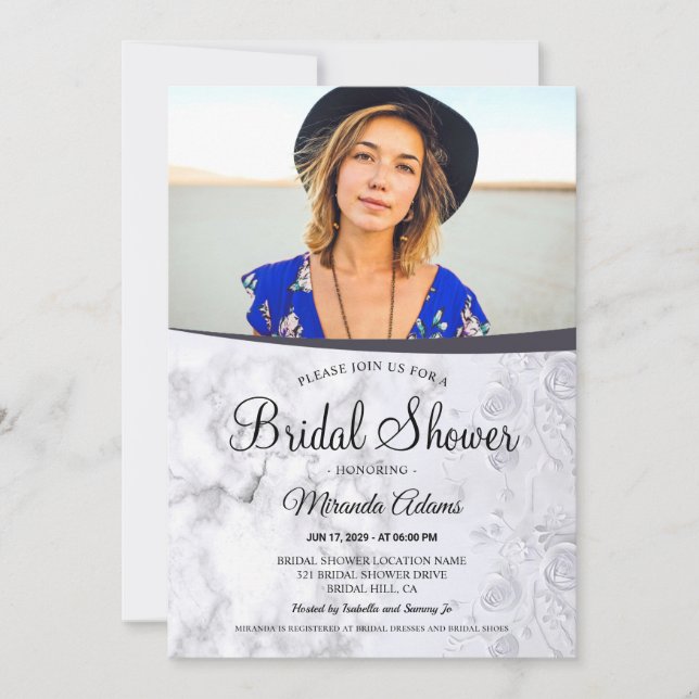 Modern Floral White Marble Photo Bridal Shower Invitation (Front)