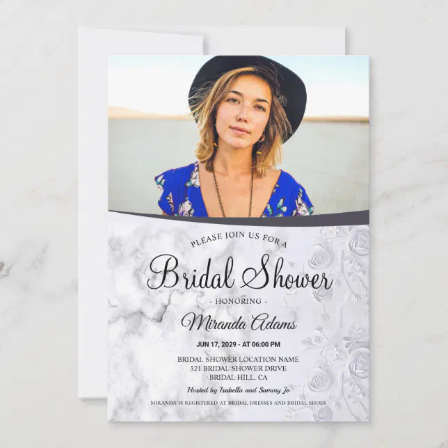 Modern Floral White Marble Photo Bridal Shower Invitation | Zazzle