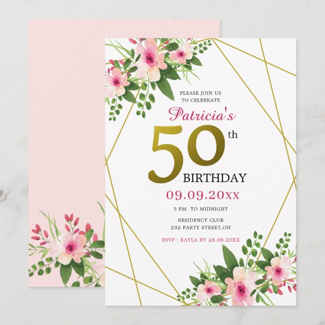 Modern Floral White Pink And Gold 50th Birthday Invitation (Front/Back)