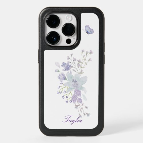 Modern Floral White Purple Butterfly Personalized OtterBox iPhone 14 Pro Case