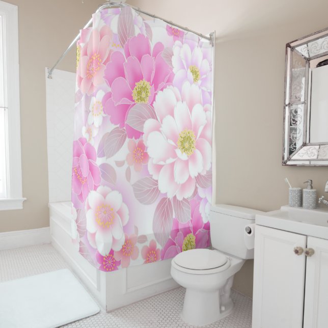 Modern Floral White Rose Shower Curtain (In Situ)