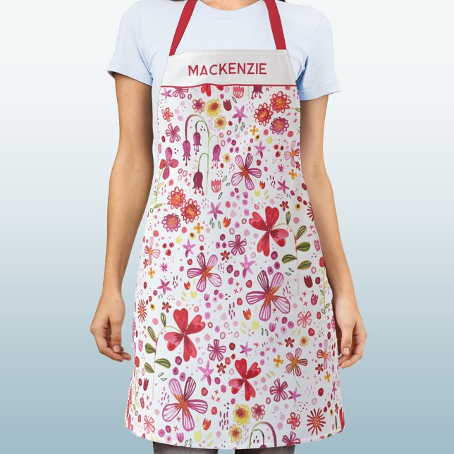 Modern Floral Wildflower Personalized Name Apron (Modern watercolor wildflower pattern apron with personalized custom name)