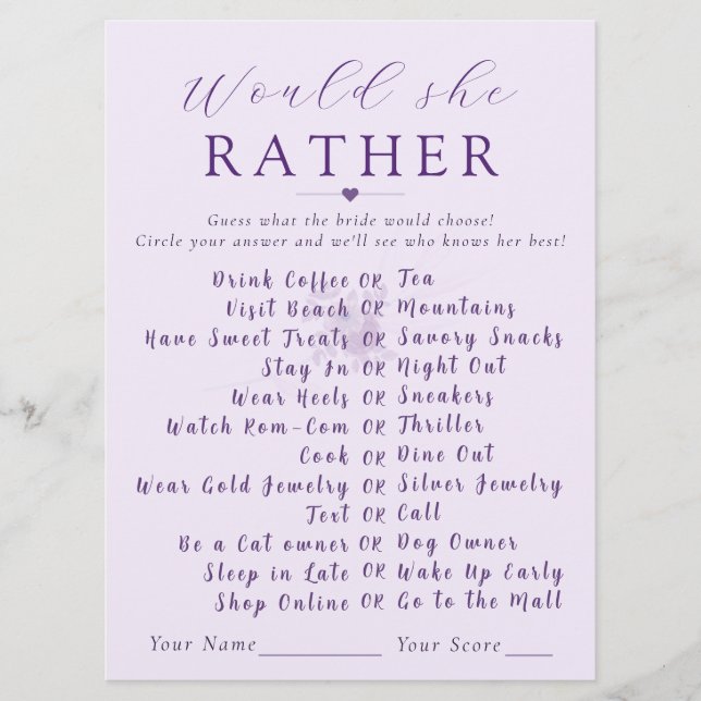 Modern Floral Would She Rather Bridal Shower Game  (Front)